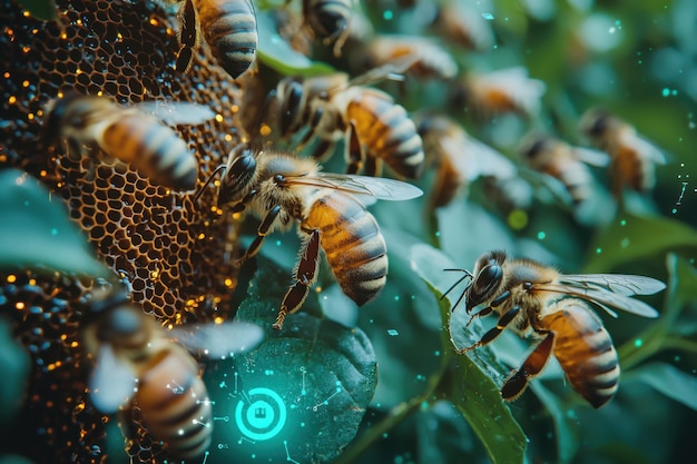 Photo honeycomb and bees with futuristic glow