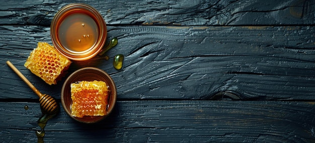 Photo honeycomb and honey on a wooden background