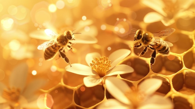 Photo honeycomb with bees and blossoms