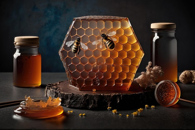 Honeycomb with bees and jar of honey AI generated