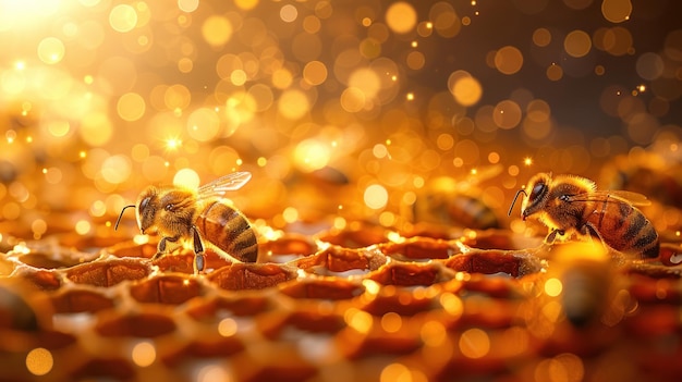 Honeycomb with Golden Bees and Bokeh