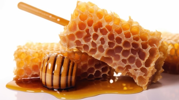 A honeycomb with a stick of honey on it