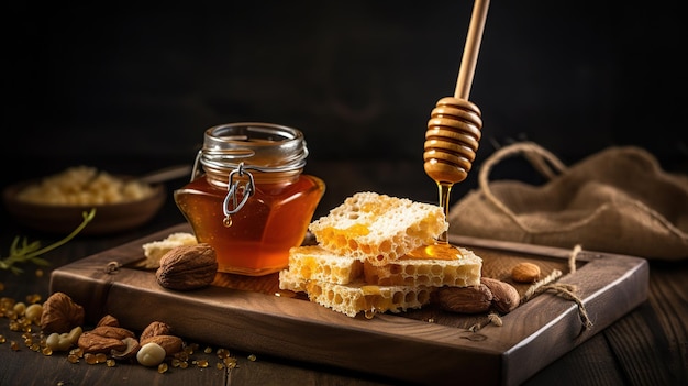 Honeycombs and honey on a wooden board