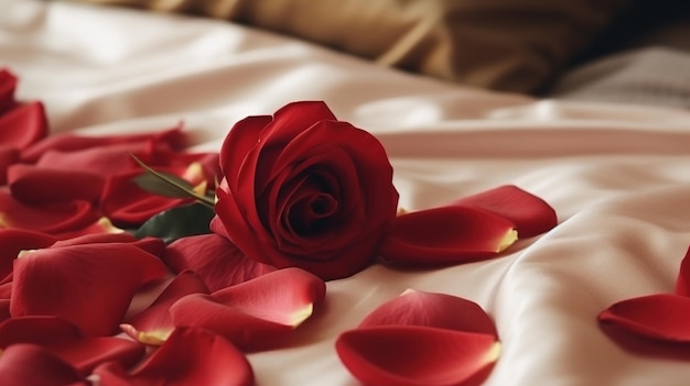 Honeymoon romantic room rose petals scattered on bed for honeymoon lover