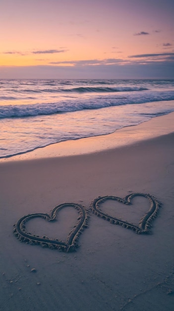 Honeymoon Two hearts drawn on sand beach