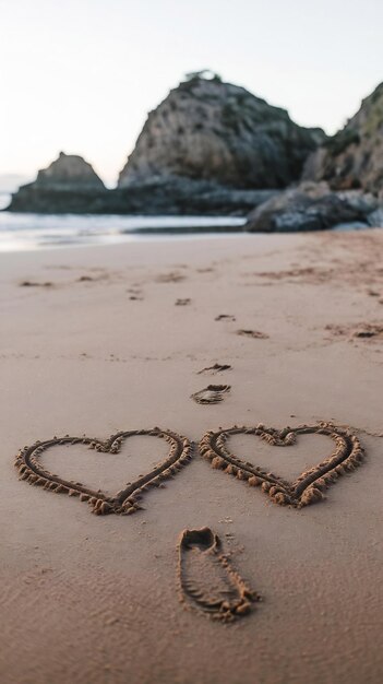 Honeymoon Two hearts drawn on sand beach