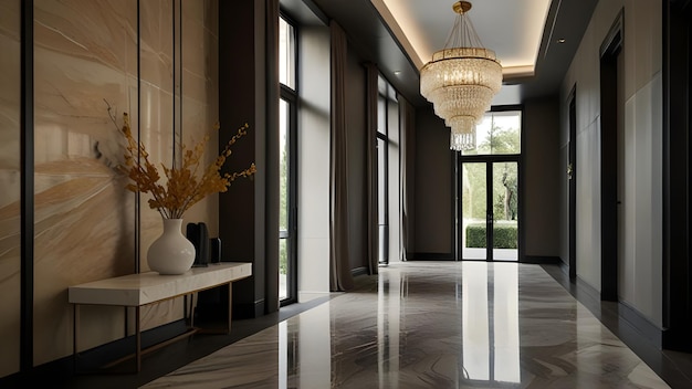 Honeytoned marble floors grace a welllit hallway leading to a living area