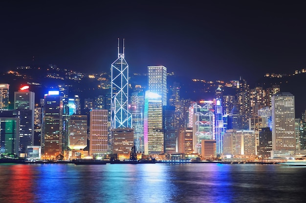 Hong Kong city skyline at night over Victoria Harbor with clear sky and urban skyscrapers.