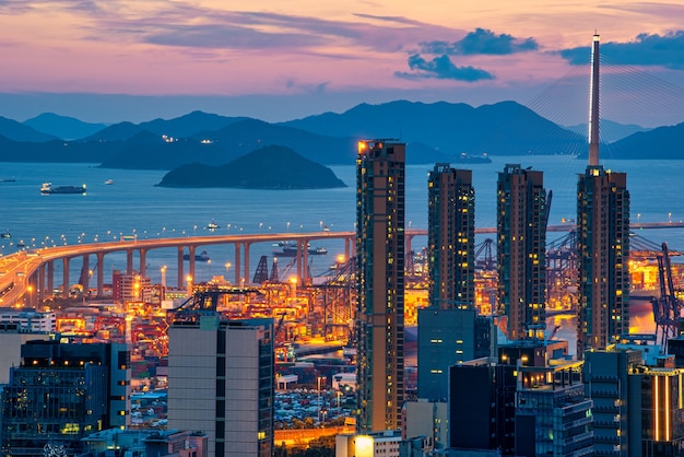 Hong Kong city skyline at sunrise view from Peak mountain.