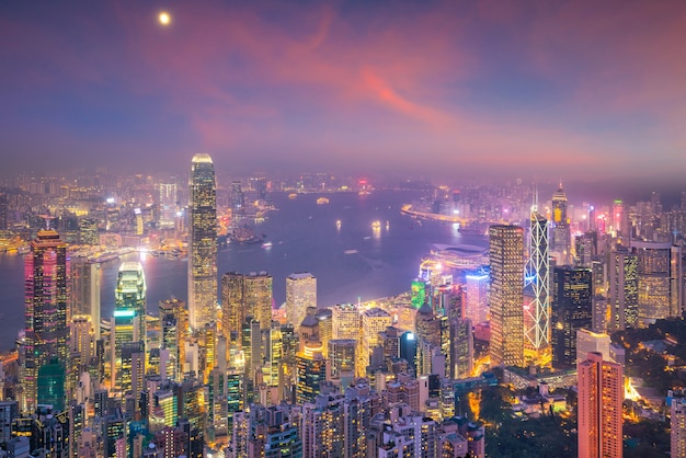 Hong Kong city skyline with Victoria Harbor view at twilight from top view