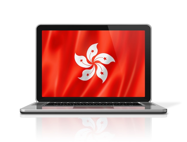 Hong Kong flag on laptop screen isolated on white. 3D illustration render.