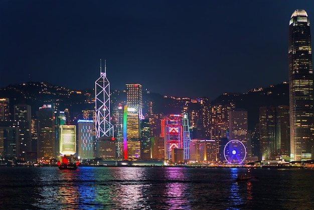 Hong Kong, Hong Kong - March 6, 2016: Skyline on Victoria Harbor, in Hong Kong. View from Kowloon on HK Island. At night