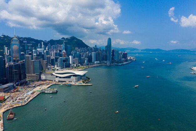 Hong Kong island, Hong Kong 11 September 2019: Drone fly over Hong Kong city