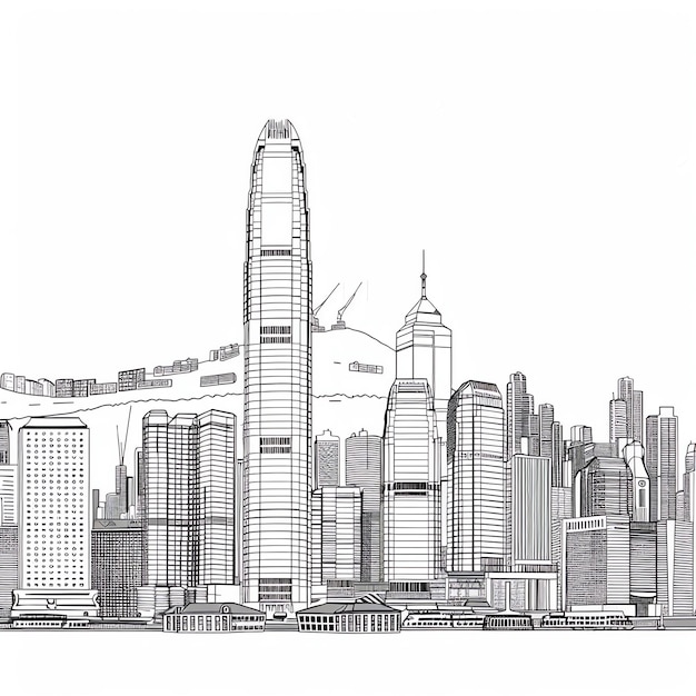 Hong Kong landscape sketch black and white