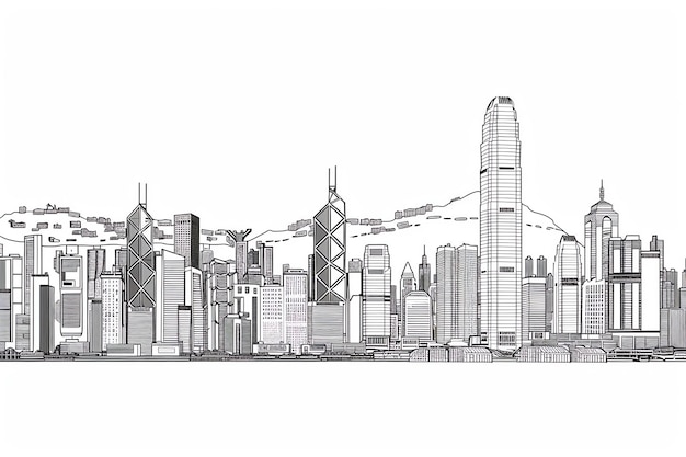 Hong Kong landscape sketch black and white