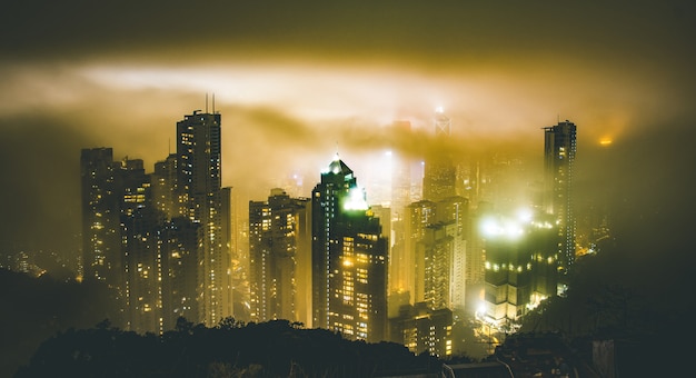 Hong Kong skyline from Victoria Peak on a foggy misty night