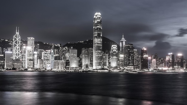 Hongkong city night light in black and white photo