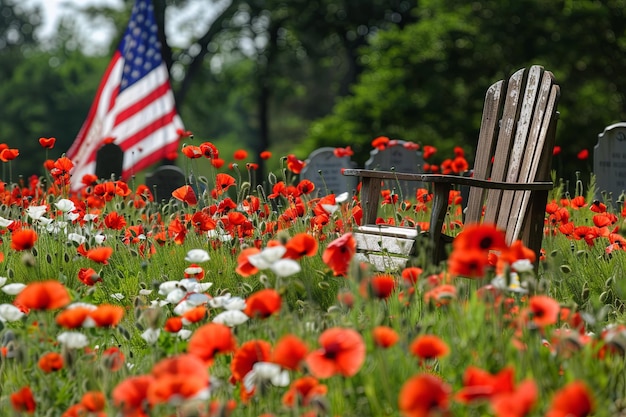 Honor and Remembrance Red and White Poppies with an American FlagDraped Wooden Tombstone Chair