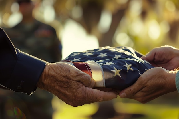 Photo honor and sacrifice military funeral with folded american flag presented to veterans family