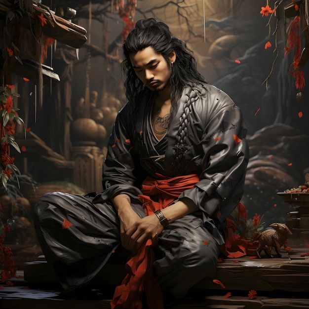 An honorable samurai sitting wearing a samurai dress