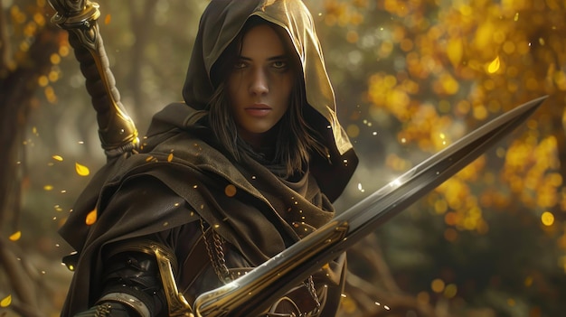 Hooded assassin woman fantasy warrior stands with a gleaming sword in hand AI generated image