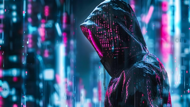 Hooded cyber attacker cloaked in shadow infiltrating the dark neon lit urban landscape a sinister digital presence threatening the technological landscape