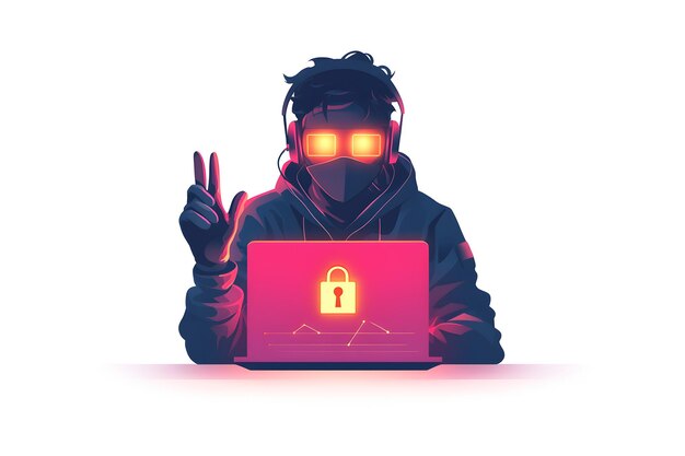 Hooded cybercriminal Hacking into a Laptop with Glowing Lock Icon on Screen in Dark Setting