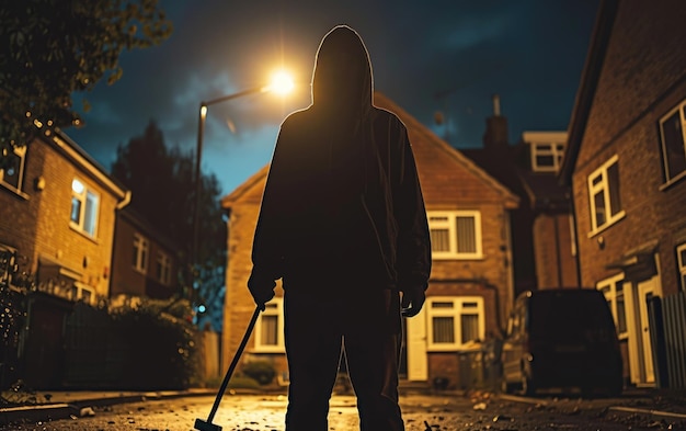 Hooded Figure Holding Hammer Standing on Street at Night in Urban Neighborhood