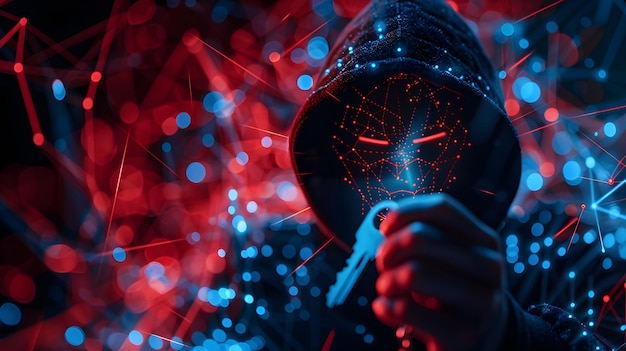 A hooded figure holding a key within a complex digital network cyber crime hacking and security