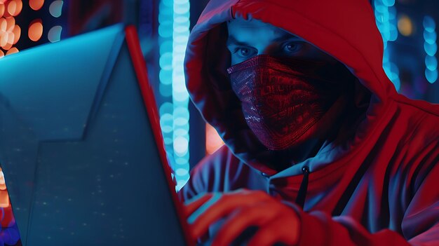 Photo hooded figure illuminated by computer screen in dark cyberpunk setting