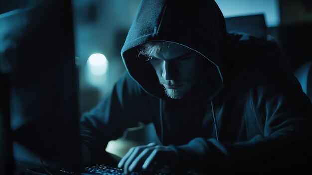 Photo a hooded figure is working on a laptop in a dark room