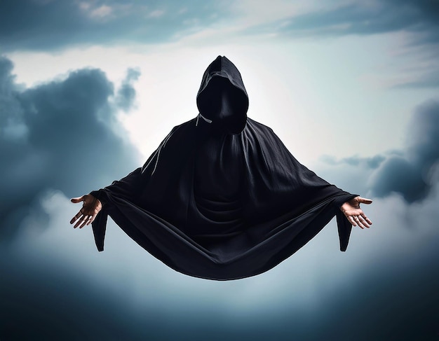 Photo a hooded figure long flowing black cloak floating on water and cloud air