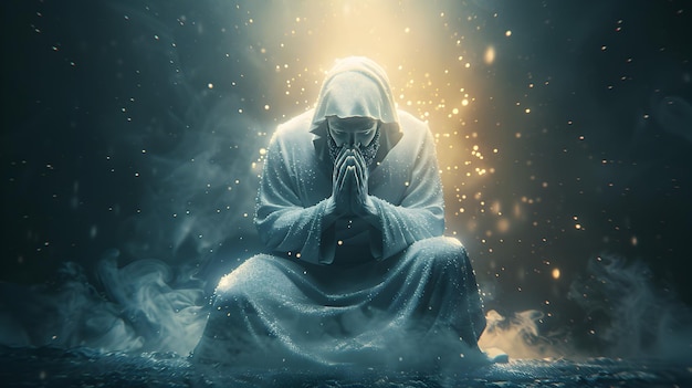 Hooded Figure in Prayer with Smoke and Light