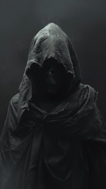 Photo a hooded figure shrouded in darkness their face obscured symbolizing mystery secrecy fear