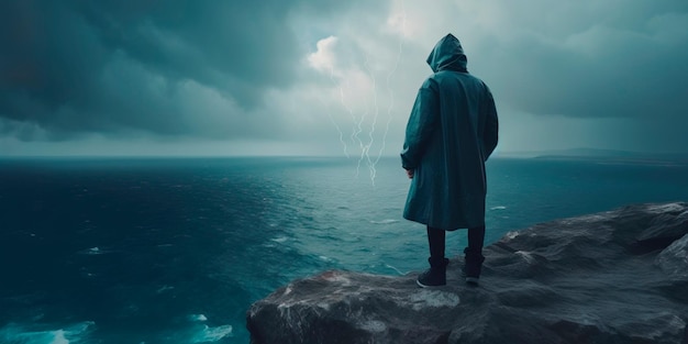 Hooded figure standing on a cliff by the sea with storm clouds and lightning in the background suggesting a foreboding presence Generative AI