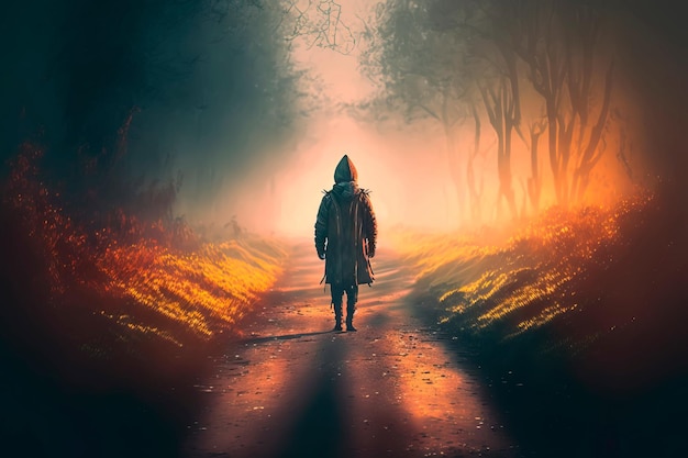 A hooded figure walking in the street on a foggy afternoon Generative AI