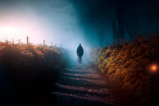 A hooded figure walking in the street on a foggy afternoon Generative AI