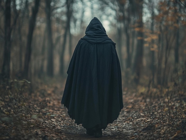 Photo a hooded figure walking through a misty forest