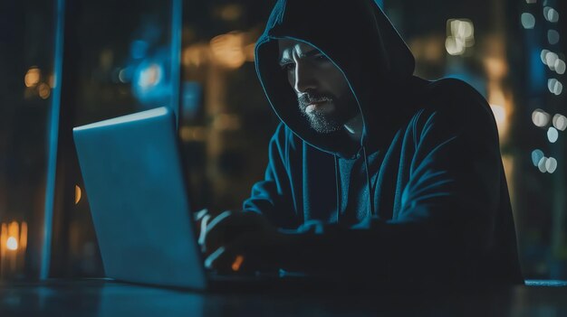 Photo a hooded figure works on a laptop computer at night in a dimly lit room