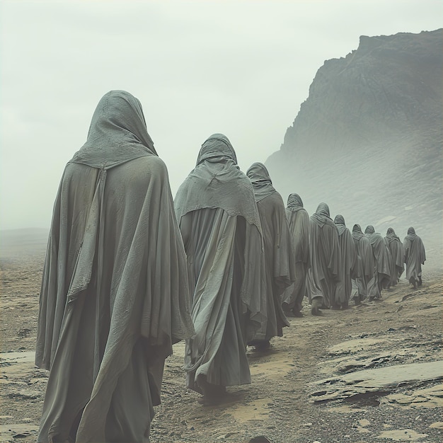 Hooded figures walking in the desert