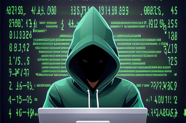 Hooded hacker against green background with computer code Generative AI