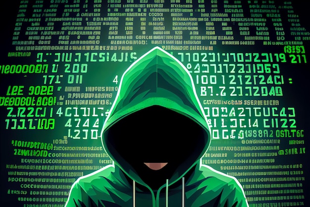 Hooded hacker against green background with computer code Generative AI