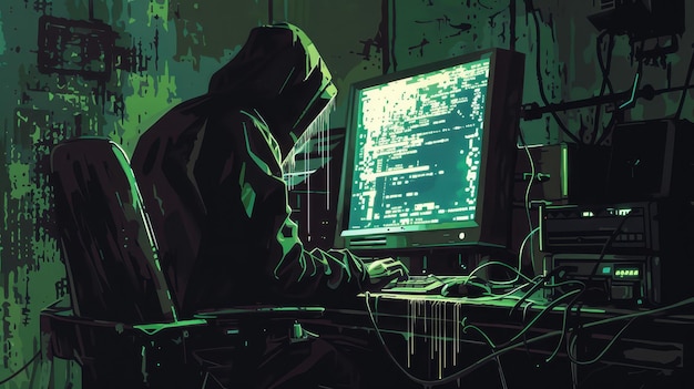 Hooded Hacker Black Green Illustration of Digital Mystery