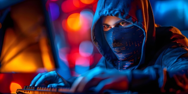 Photo hooded hacker at computer with code symbolizing cyber threats in digital era concept cybersecurity digital threats hacker culture computer coding digital era