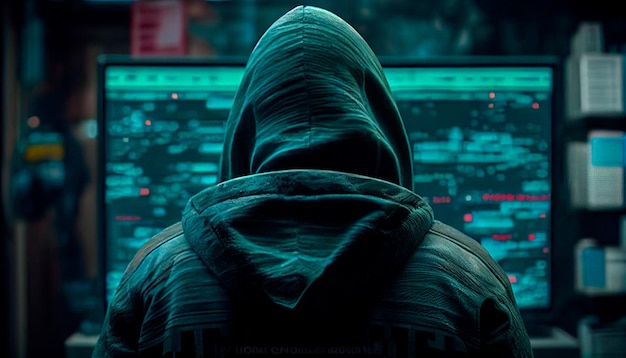 Hooded Hacker in front of a computer cyberwar Generative AI