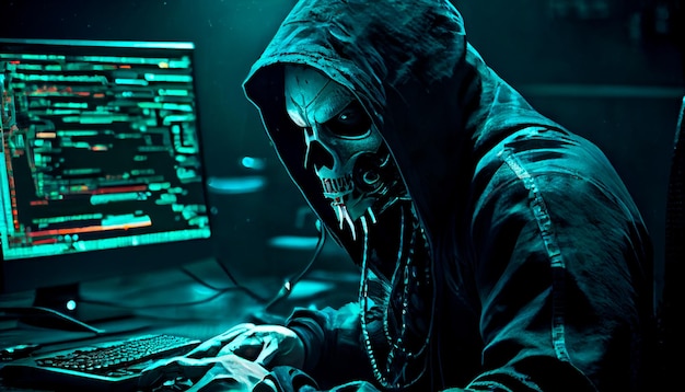 Hooded Hacker in front of a computer cyberwar Generative AI