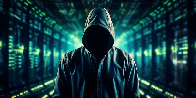 Hooded hacker infiltrating dark server room cybersecurity breach concept Concept Cybersecurity Hacker Dark Server Room Cyber Breach Digital Intrusion