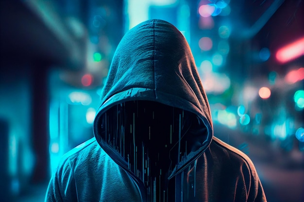 A hooded hacker is standing Cyber security concept Generative AI