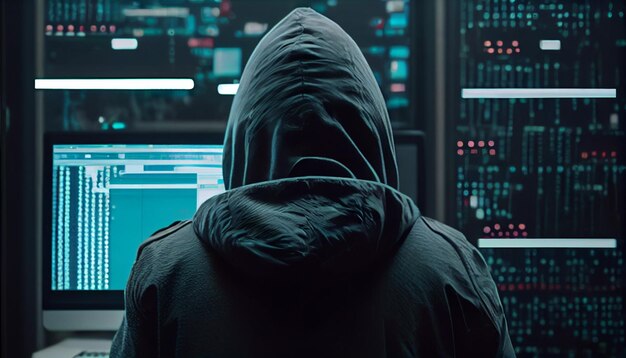 Hooded hacker sitting in front of a computer AI generative