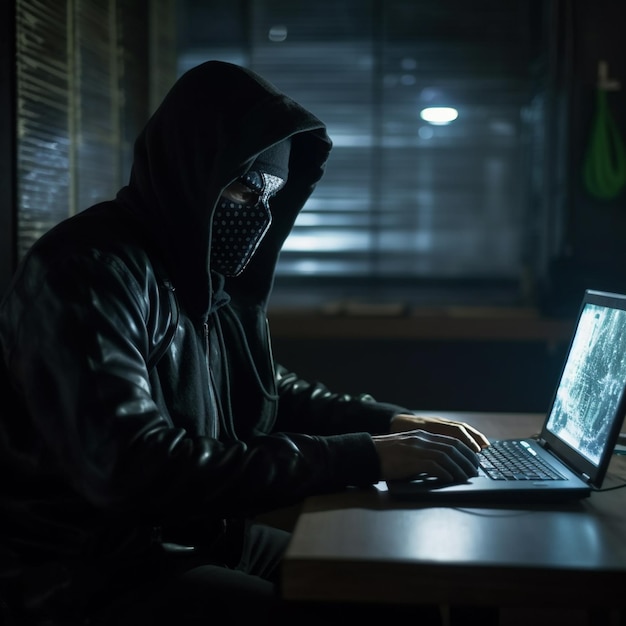 Hooded hacker stealing data from a laptop in a dark roomgenerative ai